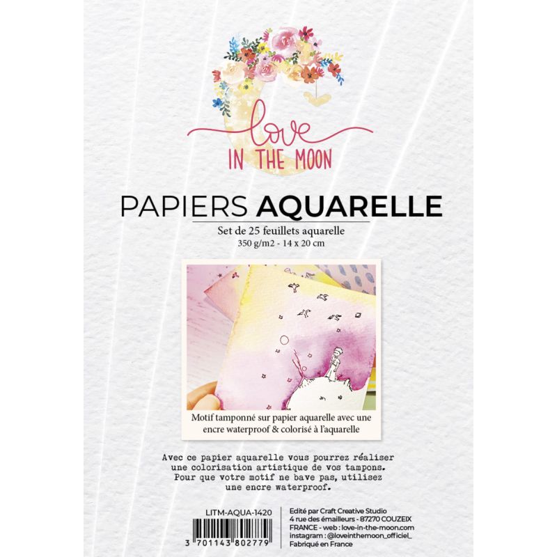 Set de 25 feuillets de papiers aquarelle Love In The Moon